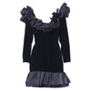 Secondhand Yves Saint laurent Black Velvet Dress with Ruffle Shoulders and High-Low Skirt - '80s