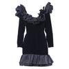 Secondhand Yves Saint laurent Black Velvet Dress with Ruffle Shoulders and High-Low Skirt - '80s