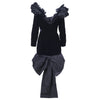 Secondhand Yves Saint laurent Black Velvet Dress with Ruffle Shoulders and High-Low Skirt - '80s