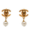 Chanel CC Gold Plated Turnlock Faux Pearl Drop Clip On Earrings Secondhand