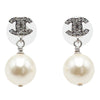 Chanel Silver Plated CC Rhinestone Faux Pearl Drop Push Back Earrings Secondhand