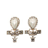 Chanel CC Gold Plated Strass Faux Pearl Tear Drop Ribbon Push Back Earrings Secondhand