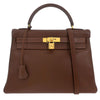 Secondhand Hermes Kelly Handbag Brown Evergrain with Gold Hardware