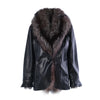second hand Yves Saint Laurent Black Leather Coat with Silver Fox Fur Trim 