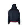 Gucci blue hooded jacket. Long sleeves, zip fastening, front pockets, ribbed hem with green and red details pre-owned